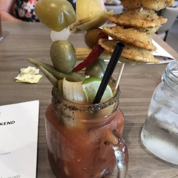 Hash Kitchen - Bloody Mary bar. Yes, those are RAVIOLI you see. - Breakfast & Brunch Near Me - Scottsdale, Arizona