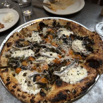 Gjelina - Salted Anchovy , Padron , Caper , Red Onion , Garlic , Mozzarella & Parmesan Pizza - New American Near Me - Venice, California Gjelina - Salted Anchovy , Padron , Caper , Red Onion , Garlic , Mozzarella & Parmesan Pizza - New American Near Me - Venice, California