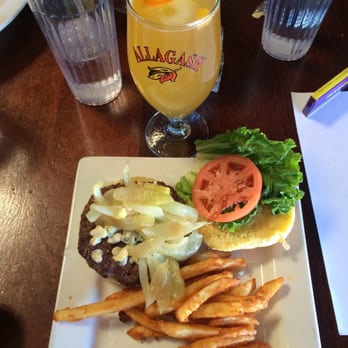Federal House - The Federal Burger with onions & blue cheese and a glass of Allagash White with an orange slice. - American Near Me - Annapolis, Maryland