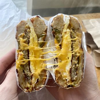 Bagel Guys Bakery - Jalapeno Cragel w/ sausage patty, fried egg, & cheddar cheese - Sandwiches Near Me - San Jose, California Bagel Guys Bakery - Jalapeno Cragel w/ sausage patty, fried egg, & cheddar cheese - Sandwiches Near Me - San Jose, California