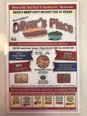 Menu photo 3 Oliver's Place Sandwich Shop Temple, PA