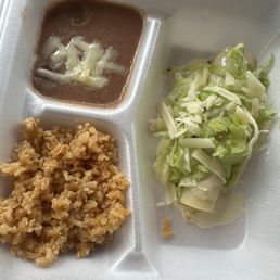 Beef enchilada with cheese on top, rice & beans! ---best I've had! Beef enchilada with cheese on top, rice & beans! ---best I've had!