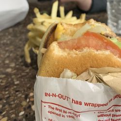 In-N-Out Burger - Cheeseburger, plain fries, chocolate milkshake