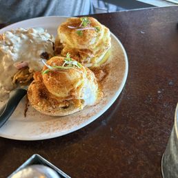 Cajun eggs Benedict and belly buster browns with sausage gravy way Cajun eggs Benedict and belly buster browns with sausage gravy way