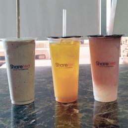 Blended coffee, blended strawberry, and a mango passion fruit tea Blended coffee, blended strawberry, and a mango passion fruit tea