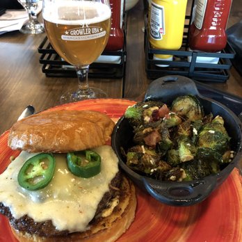 Harbor & Hops - Inferno burger, roasted brussel sprouts, and a strawberry cider. - New American Near Me - Jeffersonville, Indiana Harbor & Hops - Inferno burger, roasted brussel sprouts, and a strawberry cider. - New American Near Me - Jeffersonville, Indiana