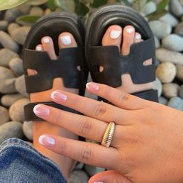 Gel manicure: French tip with aura sparkle.  Pedicure: White regular