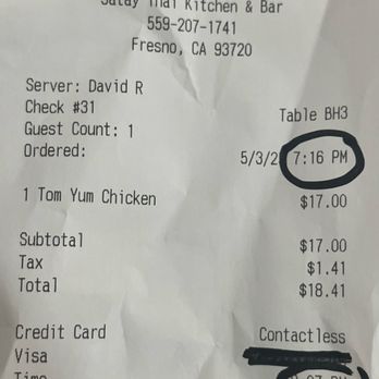 Satay Thai Kitchen & Bar - Sat at 7:04 PM, ordered 7:16 PM, soup arrived 7:47 PM, check at 8:07 PM - Thai Near Me - Fresno, California Satay Thai Kitchen & Bar - Sat at 7:04 PM, ordered 7:16 PM, soup arrived 7:47 PM, check at 8:07 PM - Thai Near Me - Fresno, California