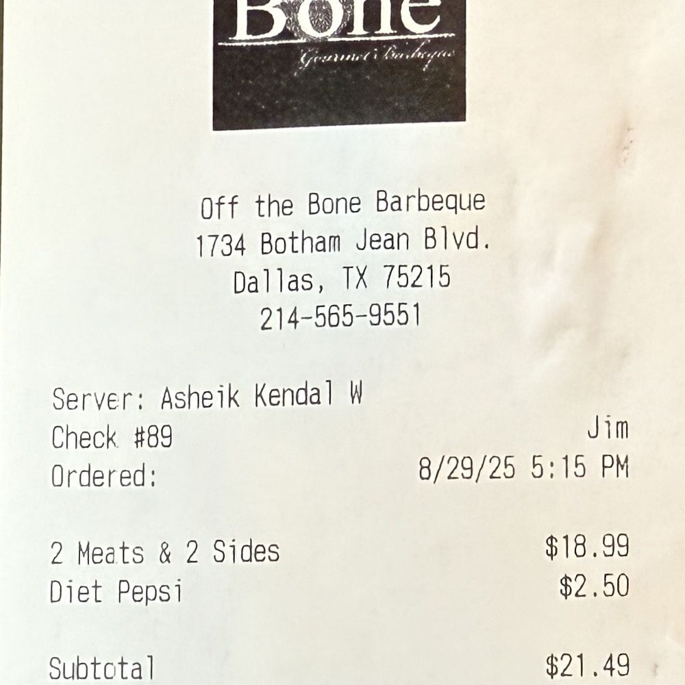 Off the Bone Barbeque - Our check - Barbeque Near Me - Dallas, Texas Off the Bone Barbeque - Our check - Barbeque Near Me - Dallas, Texas