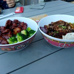 General Tso's chicken (left) and Gan Shan rice bowl with black bean chicken (right) General Tso's chicken (left) and Gan Shan rice bowl with black bean chicken (right)