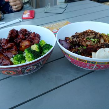 Gan Shan - General Tso's chicken (left) and Gan Shan rice bowl with black bean chicken (right) - Ramen Near Me - Asheville, North Carolina Gan Shan - General Tso's chicken (left) and Gan Shan rice bowl with black bean chicken (right) - Ramen Near Me - Asheville, North Carolina