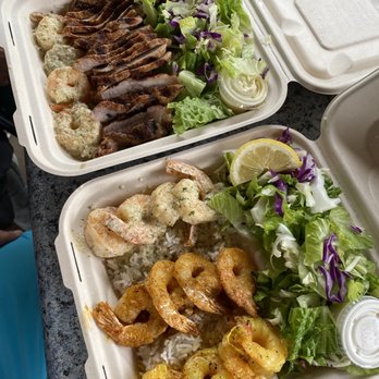 Aloha Mix Cafe - Surf & Turf with pork and shrimp, Shrimp Platter with 3 different types. Comes with salad with dressing choice and rice - Food Trucks Near Me - Naalehu, Hawaii Aloha Mix Cafe - Surf & Turf with pork and shrimp, Shrimp Platter with 3 different types. Comes with salad with dressing choice and rice - Food Trucks Near Me - Naalehu, Hawaii