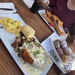 Pork tenderloin and eggs. Apple fritters Chicken and waffles Pork tenderloin and eggs. Apple fritters Chicken and waffles
