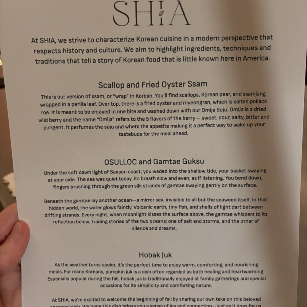 SHIA - Descriptive menu for 7 courses- part 1 - Korean Near Me - Washington, DC, District of Columbia