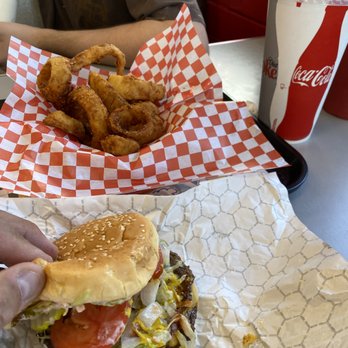 Mikie's - My double cheeseburger and onion rings. - Burgers Near Me - Everett, Washington