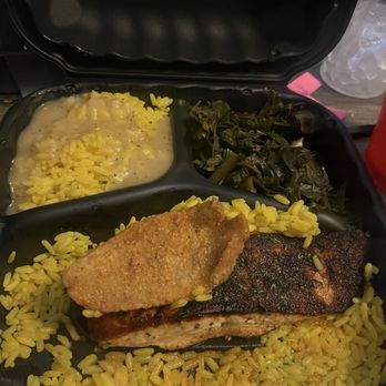 Simply 2 Delightful - Salmon, the little piece of fish, collard greens, rice and gravy. - Salad Near Me - Waldorf, Maryland Simply 2 Delightful - Salmon, the little piece of fish, collard greens, rice and gravy. - Salad Near Me - Waldorf, Maryland