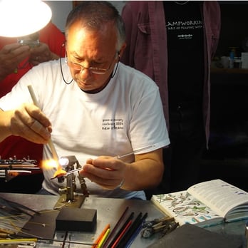 Public Glass - Vittorio Constantini on the torch making a chickadee - Art Schools Near Me - San Francisco, California Public Glass - Vittorio Constantini on the torch making a chickadee - Art Schools Near Me - San Francisco, California