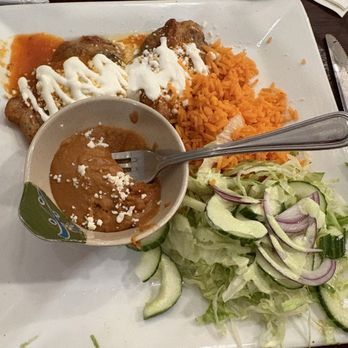 Brick Cantina - Chile Relleno with refried beans, Mexican rice, and a salad with amazing salad dressing. - Mexican Near Me - Hebron, Connecticut