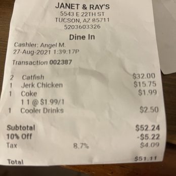 Janet & Ray's - The check.  Lunch for two includes the takeout order as well. - Caribbean Near Me - Tucson, Arizona