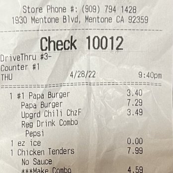 A&W Restaurant - Receipt of what we got - Burgers Near Me - Mentone, California