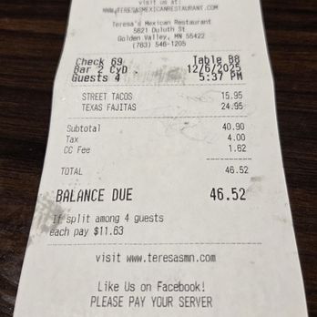 Teresa's - Our bill. - Mexican Near Me - Golden Valley, Minnesota