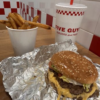 Five Guys - Cheeseburger, regular fries, and regular drink - Total cost is around $22 - Burgers Near Me - Wayne, Pennsylvania