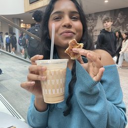 Iced coffee, French toast bagel with honey almond shmear