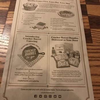 Cracker Barrel Old Country Store - Back of menu - Southern Near Me - Lithia Springs, Georgia