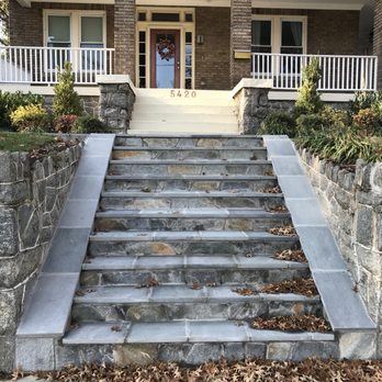 Alpha Masonry & Construction Services - Pennsylvania flagstone set in mortar with a chocolate grey veneer stone on risers. - Masonry/Concrete Near Me Alpha Masonry & Construction Services - Pennsylvania flagstone set in mortar with a chocolate grey veneer stone on risers. - Masonry/Concrete Near Me