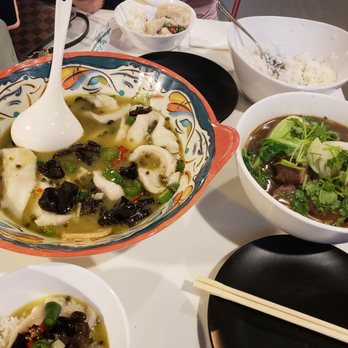 Chilispot - Left: Boiled fish with green pepper sauce; Right: Braised beef noodle soup - Szechuan Near Me - University City, Missouri Chilispot - Left: Boiled fish with green pepper sauce; Right: Braised beef noodle soup - Szechuan Near Me - University City, Missouri