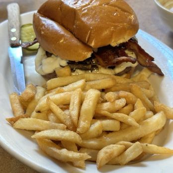 Ozzie's Steak & Eggs - Blue Burger with Fries. Very large burger and the flavor was great! - New American Near Me - Hinsdale, Massachusetts