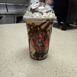 Woodys Boba Drinks - Caramel frappe with boba, chocolate drizzle and whipped cream