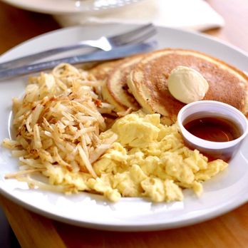 Malibu Cafe - Pancake and two eggs with hash brown breakfast - Cafes Near Me - Little Rock, Arkansas