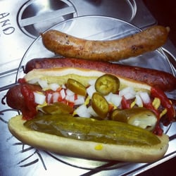 Many varieties of brats, Nathan Jumbo dogs, and more