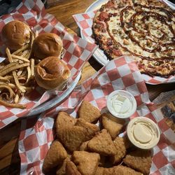 BBQ chicken pizza, Mac & cheese bites, cheeseburger sliders.