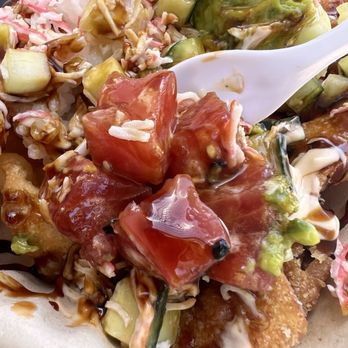 Sushi Obsession - This is the portion of tuna in the sushi nachos - Food Stands Near Me Sushi Obsession - This is the portion of tuna in the sushi nachos - Food Stands Near Me