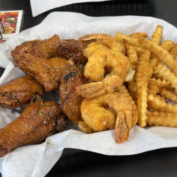 TrySeafood Cary - Surf & Turf - 6 Wings & 3 Piece Shrimp Combo (sweet chili sauce) with fries - Seafood Near Me - Cary, North Carolina TrySeafood Cary - Surf & Turf - 6 Wings & 3 Piece Shrimp Combo (sweet chili sauce) with fries - Seafood Near Me - Cary, North Carolina