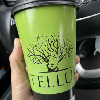 Tellus Coffee - Logo of Tellus on their cup of latte - Coffee Roasteries Near Me - Walnut Creek, California