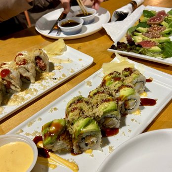 SuViche - Sushi and Ceviche - Crunchy Spicy Tuna Roll (Left), Almost Perfect Roll (Center), and Tuna Tataki (Right) - Sushi Bars Near Me - Miami, Florida SuViche - Sushi and Ceviche - Crunchy Spicy Tuna Roll (Left), Almost Perfect Roll (Center), and Tuna Tataki (Right) - Sushi Bars Near Me - Miami, Florida