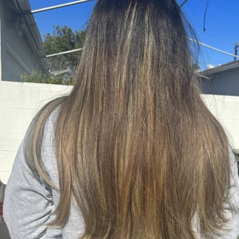Palacios Beauty Salon - What I initially walked in with, very harsh balayage with like 4 different shades of blonde. I hated this!! - Hair Salons Near Me - Hawthorne, California