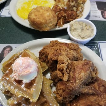 Metro Diner - Chicken & Waffles with strawberry butter (front). Bissell Breakfast with hasbrowns, biscuit, bacon, eggs over hard, and pancakes (back). - Diners Near Me - Augusta, Georgia Metro Diner - Chicken & Waffles with strawberry butter (front). Bissell Breakfast with hasbrowns, biscuit, bacon, eggs over hard, and pancakes (back). - Diners Near Me - Augusta, Georgia