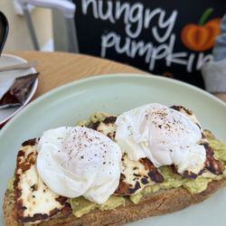 Hungry Pumpkin - Halloumi Special - avocado, halloumi cheese, and eggs on a toasted sourdough bread