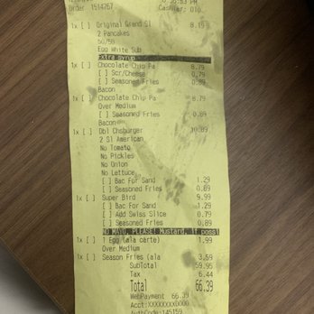 Denny's - Receipt showing what I ordered VS what was received! - American Near Me - Pigeon Forge, Tennessee