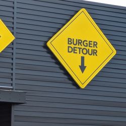 Burger Detour - Outside of building, logo