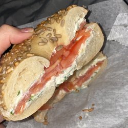 The Bigger Bagel & Deli - Sunflower seed Bagel with Lox & Scallion Cream Cheese and tomato