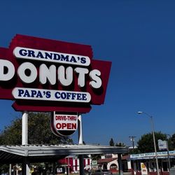 Grandmas Donut And Papas Coffee - Grandma's Donuts & Papa's Coffee (Drive-Thru Open) signage.