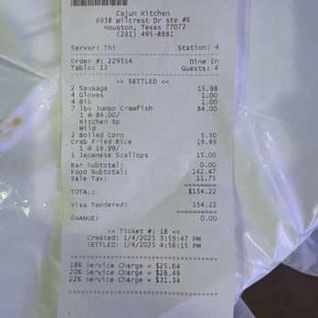 Cajun Kitchen - Charged for gloves & bibs - Cajun/Creole Near Me - Houston, Texas