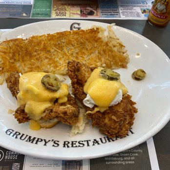 Grumpy's Restaurant - Fried Chicken Benedict and hash browns - Breakfast & Brunch Near Me - St. Johns, Florida