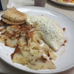 Greek Omelet with English muffin and home fries Greek Omelet with English muffin and home fries