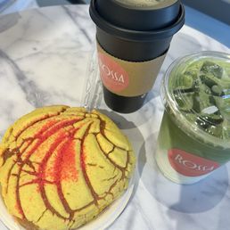 Vanilla concha, cafe de olla, iced matcha Vanilla concha, cafe de olla, iced matcha